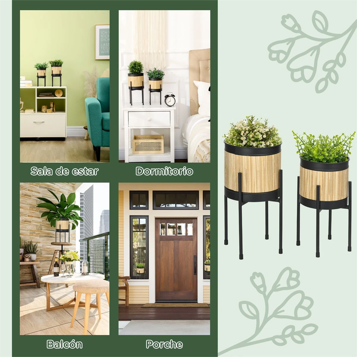 Outsunny Juego De 2 Soportes Para Plantas De Metal Cubierta De Totora Soportes Para Macetas Maceteros Redondos Para Salón Cocina Dormitorio Ø16x30 Cm Y Ø14x25,5 Cm Negro 6 Outsunny Juego De 2 Soportes Para Plantas De Metal Cubierta De Totora Soportes Para Macetas Maceteros Redondos Para Salón Cocina Dormitorio Ø16x30 Cm Y Ø14x25,5 Cm Negro - Imagen 6