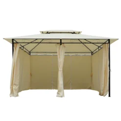 Outsunny Cenador De Jardín 3x4 M Marco Acero Gazebo Con Doble Techo 6 Cortinas Laterales 8 Orificios De Drenaje Buena Ventilación Para Fiestas Eventos Crema