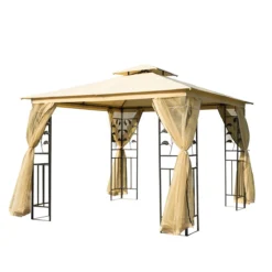 Outsunny Cenador De Jardín 300x300x280 Cm Carpas Para Exterior Grandes Doble Techo Con Mosquitera Y Piquetas Para El Suelo Fácil De Drenar Poliéster Acero Beige