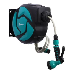 DURHAND Carrete Para Manguera Retráctil 10m Con Cabezal Multifuncional Sistema De Enrollado Automático Con Bloqueo Conector De 1m Para Jardín Césped 29,5x16,5x33 Cm Negro Y Verde