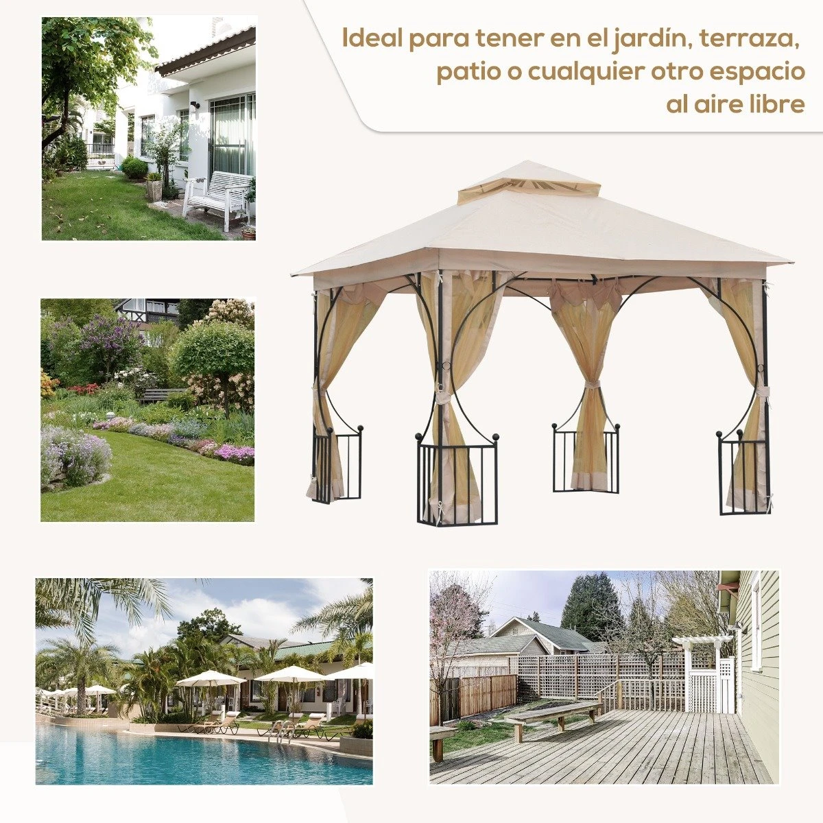 Outsunny Cenador De Jardín 3x3 M Con 4 Cortinas Laterales De Cremallera Y Doble Techo Con 8 Orificios De Drenaje Estilo Moderno Para Patio Aire Libre Beige 7 Outsunny Cenador De Jardín 3x3 M Con 4 Cortinas Laterales De Cremallera Y Doble Techo Con 8 Orificios De Drenaje Estilo Moderno Para Patio Aire Libre Beige - Imagen 7
