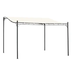 Outsunny Pérgola De Jardín 4x3 M Cenador Montado En Pared Con Toldo Y 4 Orificios De Drenaje Marco De Metal Y Poliéster 180 G/m² Para Patio Terraza Crema