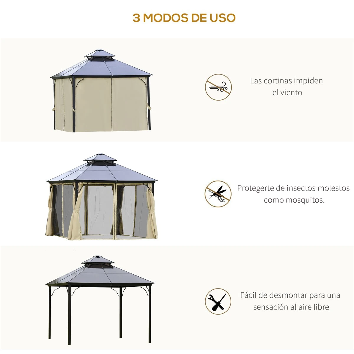 Outsunny Cenador De Jardín 3x3 M Marco De Aluminio Con Doble Techo De Policarbonato Y 4 Cortinas 4 Mosquiteras Con Cremallera Para Exterior Fiestas Beige Y Negro 7 Outsunny Cenador De Jardín 3x3 M Marco De Aluminio Con Doble Techo De Policarbonato Y 4 Cortinas 4 Mosquiteras Con Cremallera Para Exterior Fiestas Beige Y Negro - Imagen 7