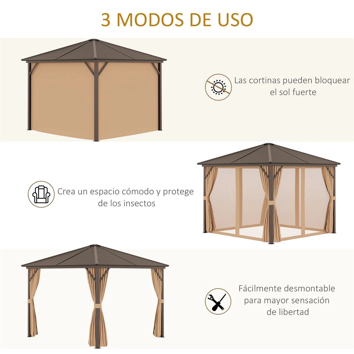 Outsunny Cenador De Jardín 3x3 M Marco De Aluminio Con 4 Cortinas Laterales 4 Mosquiteras Y Gancho Para Lámpara Gazebo Pabellón Para Exterior Patio Fiestas Marrón 5 Outsunny Cenador De Jardín 3x3 M Marco De Aluminio Con 4 Cortinas Laterales 4 Mosquiteras Y Gancho Para Lámpara Gazebo Pabellón Para Exterior Patio Fiestas Marrón - Imagen 5