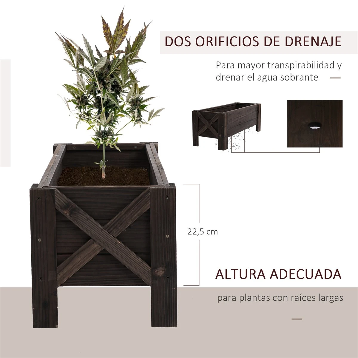 Outsunny Huerto Urbano Jardinera Macetero De Madera Arriate De Jardín Rectangular Con Patas Para Flores Plantas Cultivos 100x36,5x36 Cm Marrón 5 Outsunny Huerto Urbano Jardinera Macetero De Madera Arriate De Jardín Rectangular Con Patas Para Flores Plantas Cultivos 100x36,5x36 Cm Marrón - Imagen 5
