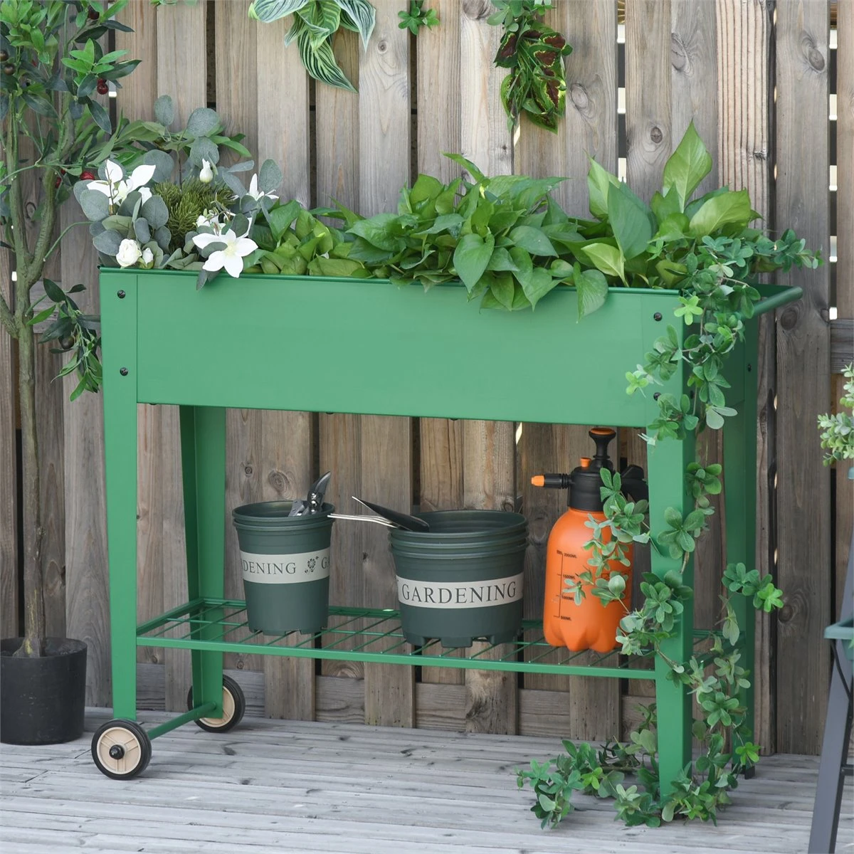 Outsunny Huerto Urbano Jardinera Elevada De Metal Cama De Jardín Con Ruedas Asa Lateral Y Estante Inferior Para Cultivo Plantas Hortalizas Flores 104x39x80 Cm Verde 2 Outsunny Huerto Urbano Jardinera Elevada De Metal Cama De Jardín Con Ruedas Asa Lateral Y Estante Inferior Para Cultivo Plantas Hortalizas Flores 104x39x80 Cm Verde - Imagen 2