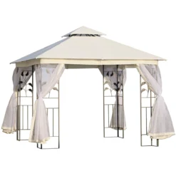 Outsunny Cenador De Jardín 300x300x280 Cm Carpas Para Exterior Grandes Doble Techo Con Mosquitera Y Piquetas Para El Suelo Fácil De Drenar Poliéster Acero Blanco