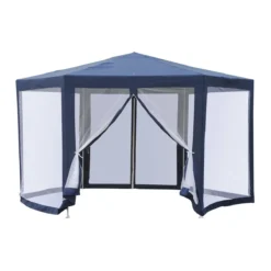 Outsunny Carpa Gazebo Tipo Cenador Hexagonal Con Mosquitera Para Jardín Y Terraza Ø1,97 M Material De Poliéster Repelente Al Agua (Azul)