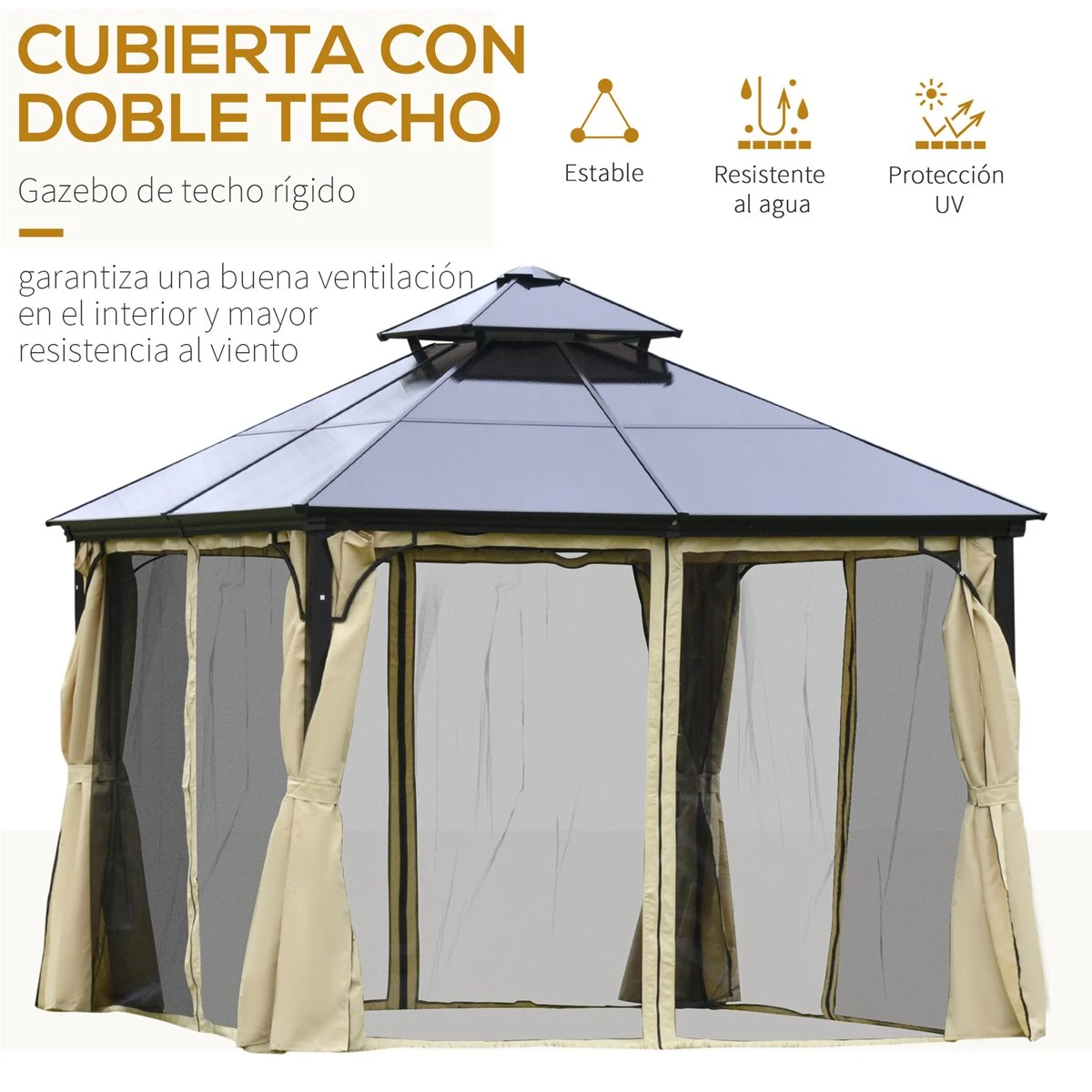 Outsunny Cenador De Jardín 3x3 M Marco De Aluminio Con Doble Techo De Policarbonato Y 4 Cortinas 4 Mosquiteras Con Cremallera Para Exterior Fiestas Beige Y Negro 4 Outsunny Cenador De Jardín 3x3 M Marco De Aluminio Con Doble Techo De Policarbonato Y 4 Cortinas 4 Mosquiteras Con Cremallera Para Exterior Fiestas Beige Y Negro - Imagen 4