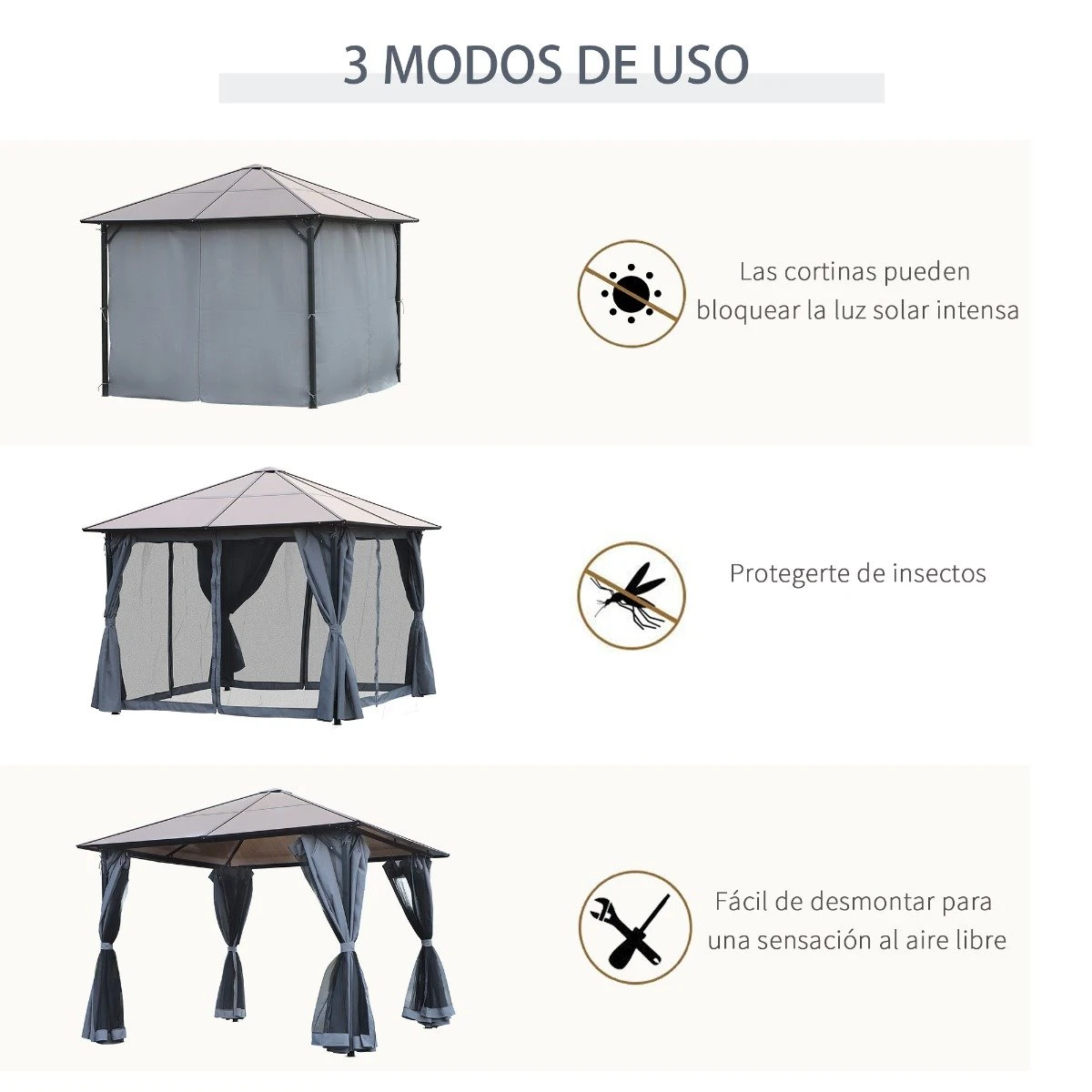 Outsunny Cenador De Jardín 3x3 M Pabellón De Exterior Con Techo De Policarbonato 4 Cortinas Laterales Y 4 Mosquiteras Con Cremalleras Marco De Metal Para Fiestas Eventos Multicolor 6 Outsunny Cenador De Jardín 3x3 M Pabellón De Exterior Con Techo De Policarbonato 4 Cortinas Laterales Y 4 Mosquiteras Con Cremalleras Marco De Metal Para Fiestas Eventos Multicolor - Imagen 6