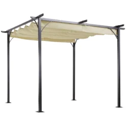 Outsunny Pérgola De Metal 3x3m Gazebo Cenador Para Jardín Patio O Terraza Con Techo Retráctil Tela Poliéster Resistente Al Agua Y UV