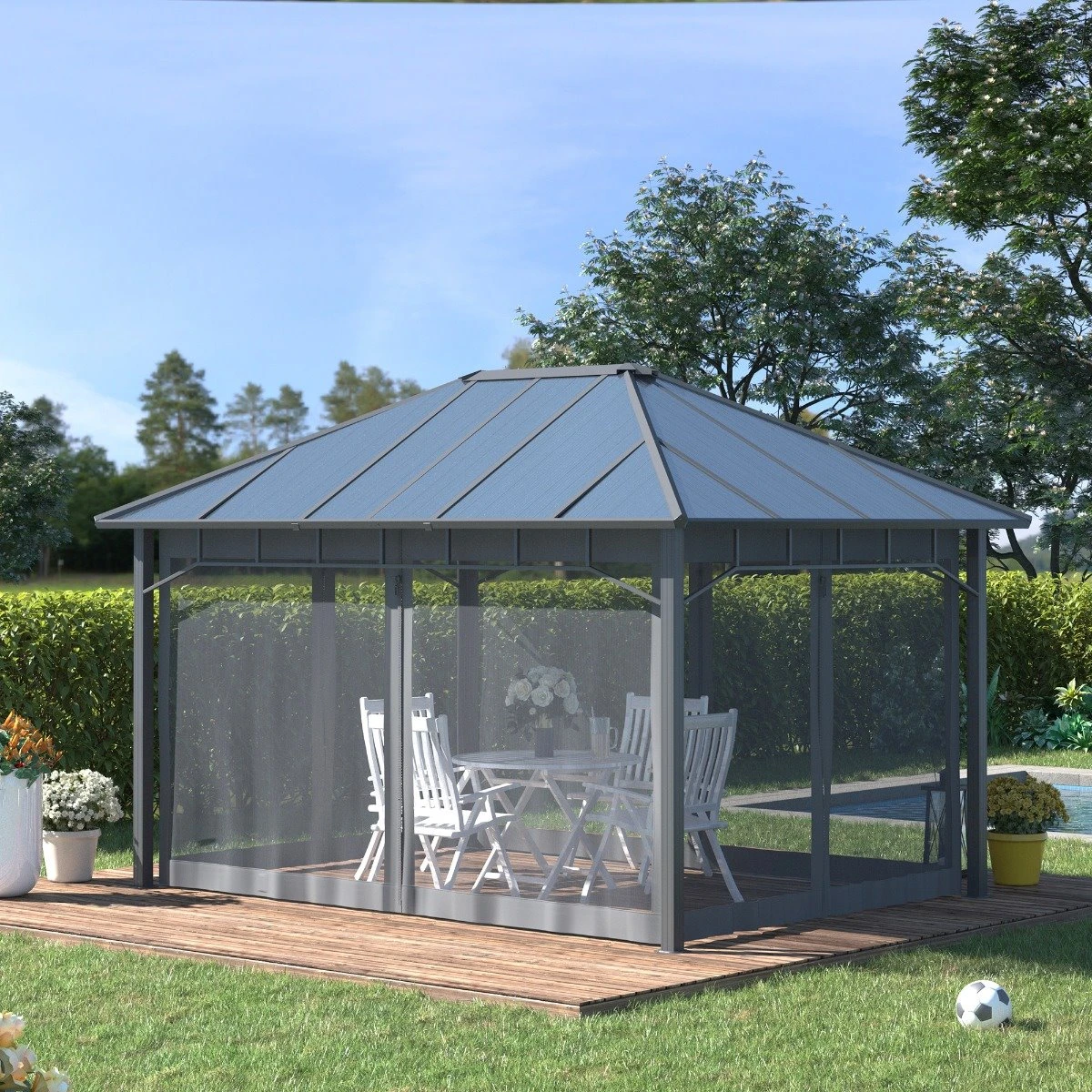 Outsunny Cenador De Jardín 4x3 M Aluminio Pabellón Para Exterior Con Techo De Policarbonato Y 4 Mosquiteras Laterales Con Cremalleras Para Fiestas Eventos Gris 7 Outsunny Cenador De Jardín 4x3 M Aluminio Pabellón Para Exterior Con Techo De Policarbonato Y 4 Mosquiteras Laterales Con Cremalleras Para Fiestas Eventos Gris - Imagen 7