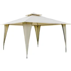 Outsunny Cenador De Jardín 3,45x3,45 M Carpa Con Doble Techo Y 8 Orificios De Drenaje Marco Metálico Para Celebraciones Fiestas Bodas Exteriores Beige