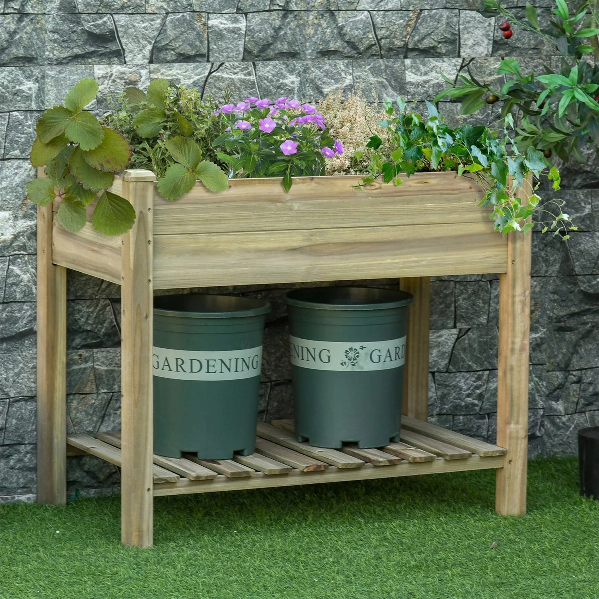 Outsunny Huerto Urbano De Madera Con Estante 91x51x76 Cm Mesa De Cultivo Rectangular Con Orificios De Drenaje Para Cultivos Plantas Jardín Terraza Exterior Color Natural 2 Outsunny Huerto Urbano De Madera Con Estante 91x51x76 Cm Mesa De Cultivo Rectangular Con Orificios De Drenaje Para Cultivos Plantas Jardín Terraza Exterior Color Natural - Imagen 2