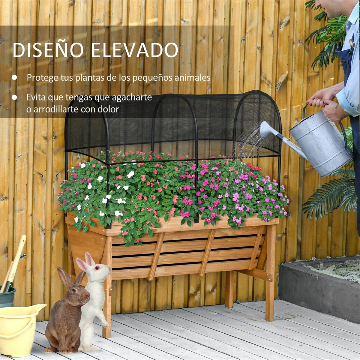 Outsunny Huerto Urbano Elevado De Madera 120x55x143 Cm Mesa De Cultivo De Jardín Con Red De Sombra De Malla Y Tela Geotextil Para Cultivos Plantas Flores Natural 4 Outsunny Huerto Urbano Elevado De Madera 120x55x143 Cm Mesa De Cultivo De Jardín Con Red De Sombra De Malla Y Tela Geotextil Para Cultivos Plantas Flores Natural - Imagen 4