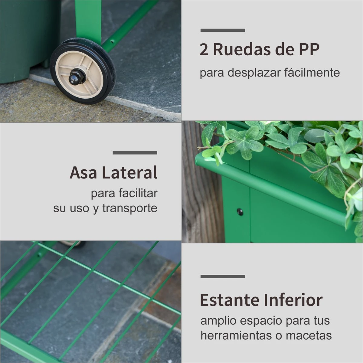 Outsunny Huerto Urbano Jardinera Elevada De Metal Cama De Jardín Con Ruedas Asa Lateral Y Estante Inferior Para Cultivo Plantas Hortalizas Flores 104x39x80 Cm Verde 4 Outsunny Huerto Urbano Jardinera Elevada De Metal Cama De Jardín Con Ruedas Asa Lateral Y Estante Inferior Para Cultivo Plantas Hortalizas Flores 104x39x80 Cm Verde - Imagen 4