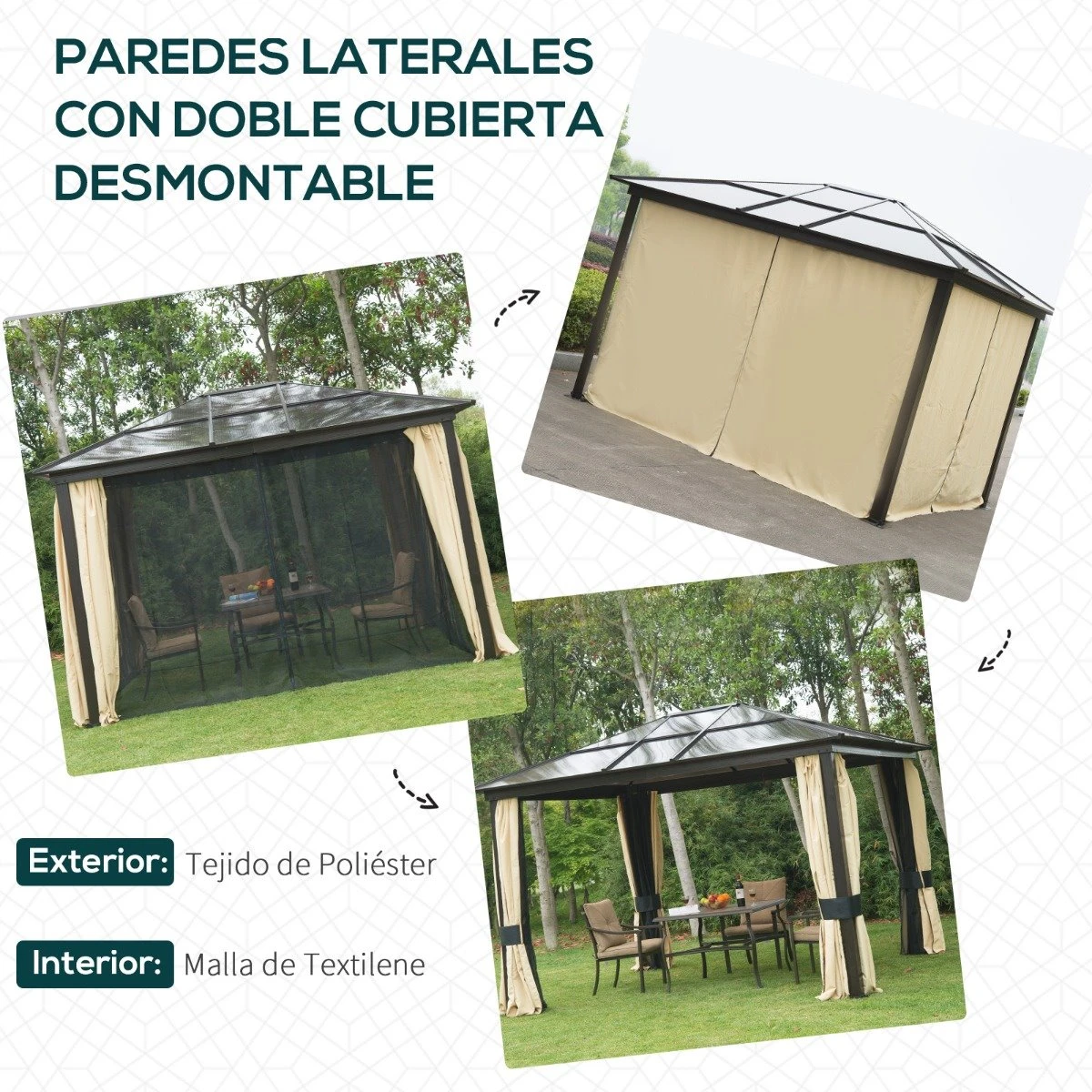 Outsunny Cenador Para Jardín 3x3.6 M Alumnio Pabellón Para Exterior Con Techo De Policarbonato Anti-UV Y 4 Mosquiteras Laterales Con Cremalleras Para Fiestas Eventos Beige 5 Outsunny Cenador Para Jardín 3x3.6 M Alumnio Pabellón Para Exterior Con Techo De Policarbonato Anti-UV Y 4 Mosquiteras Laterales Con Cremalleras Para Fiestas Eventos Beige - Imagen 5