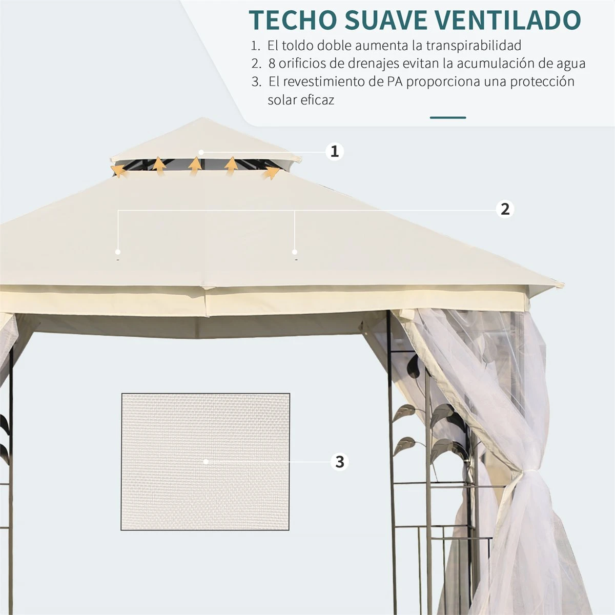 Outsunny Cenador De Jardín 300x300x280 Cm Carpas Para Exterior Grandes Doble Techo Con Mosquitera Y Piquetas Para El Suelo Fácil De Drenar Poliéster Acero Blanco 4 Outsunny Cenador De Jardín 300x300x280 Cm Carpas Para Exterior Grandes Doble Techo Con Mosquitera Y Piquetas Para El Suelo Fácil De Drenar Poliéster Acero Blanco - Imagen 4