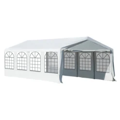 Outsunny Carpa De Jardín Cochera Gazebo 8x4m Pergola Cenador Pabellón 4 Paneles Laterales 8 Ventanas Para Fiesta Eventos Bodas Acero PE Blanco
