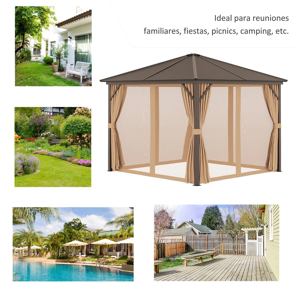 Outsunny Cenador De Jardín 3x3 M Marco De Aluminio Con 4 Cortinas Laterales 4 Mosquiteras Y Gancho Para Lámpara Gazebo Pabellón Para Exterior Patio Fiestas Marrón 6 Outsunny Cenador De Jardín 3x3 M Marco De Aluminio Con 4 Cortinas Laterales 4 Mosquiteras Y Gancho Para Lámpara Gazebo Pabellón Para Exterior Patio Fiestas Marrón - Imagen 6