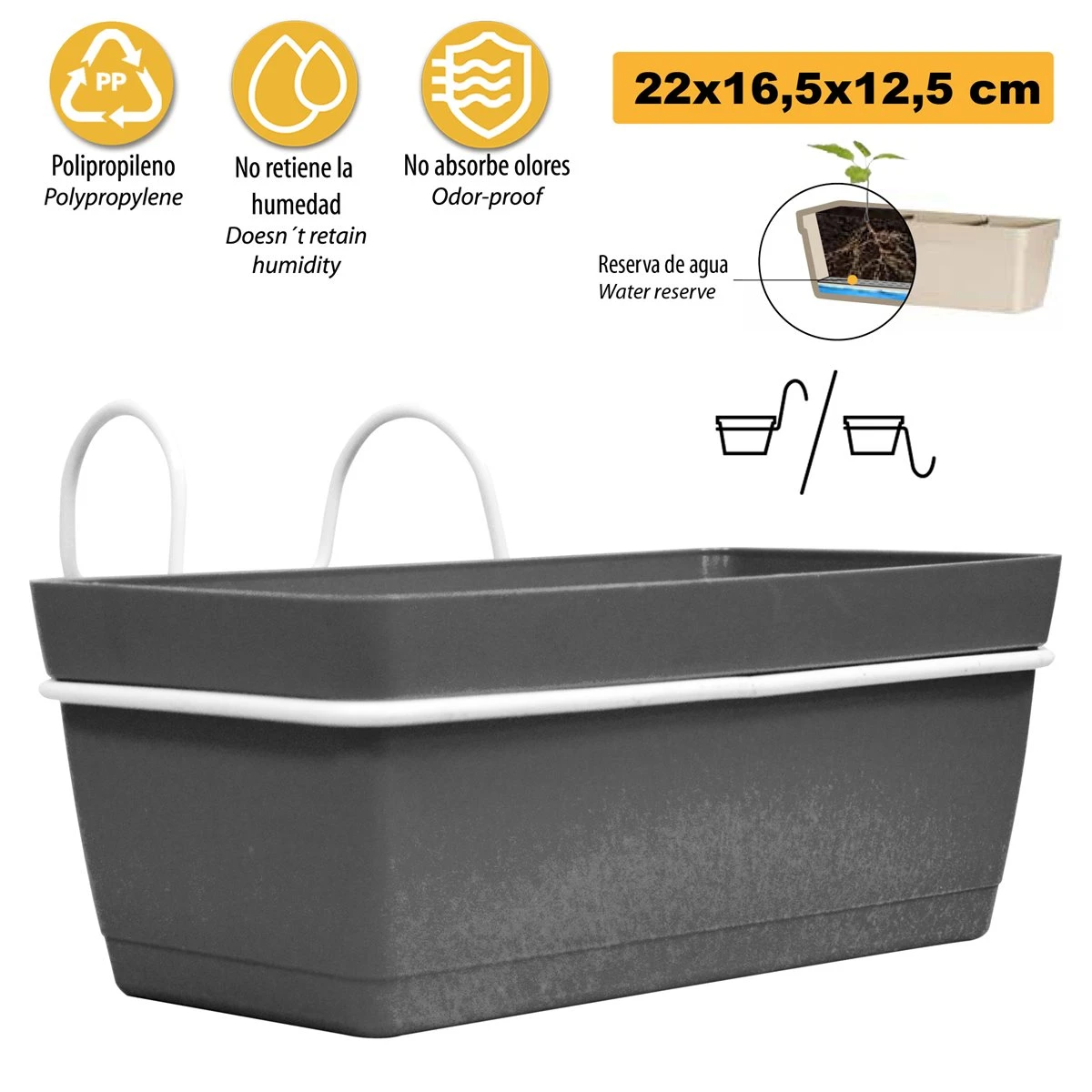 3 Jardineras L 22 Cm Con Ganchos, De Polipropileno 3 3 Jardineras L 22 Cm Con Ganchos, De Polipropileno - Imagen 3