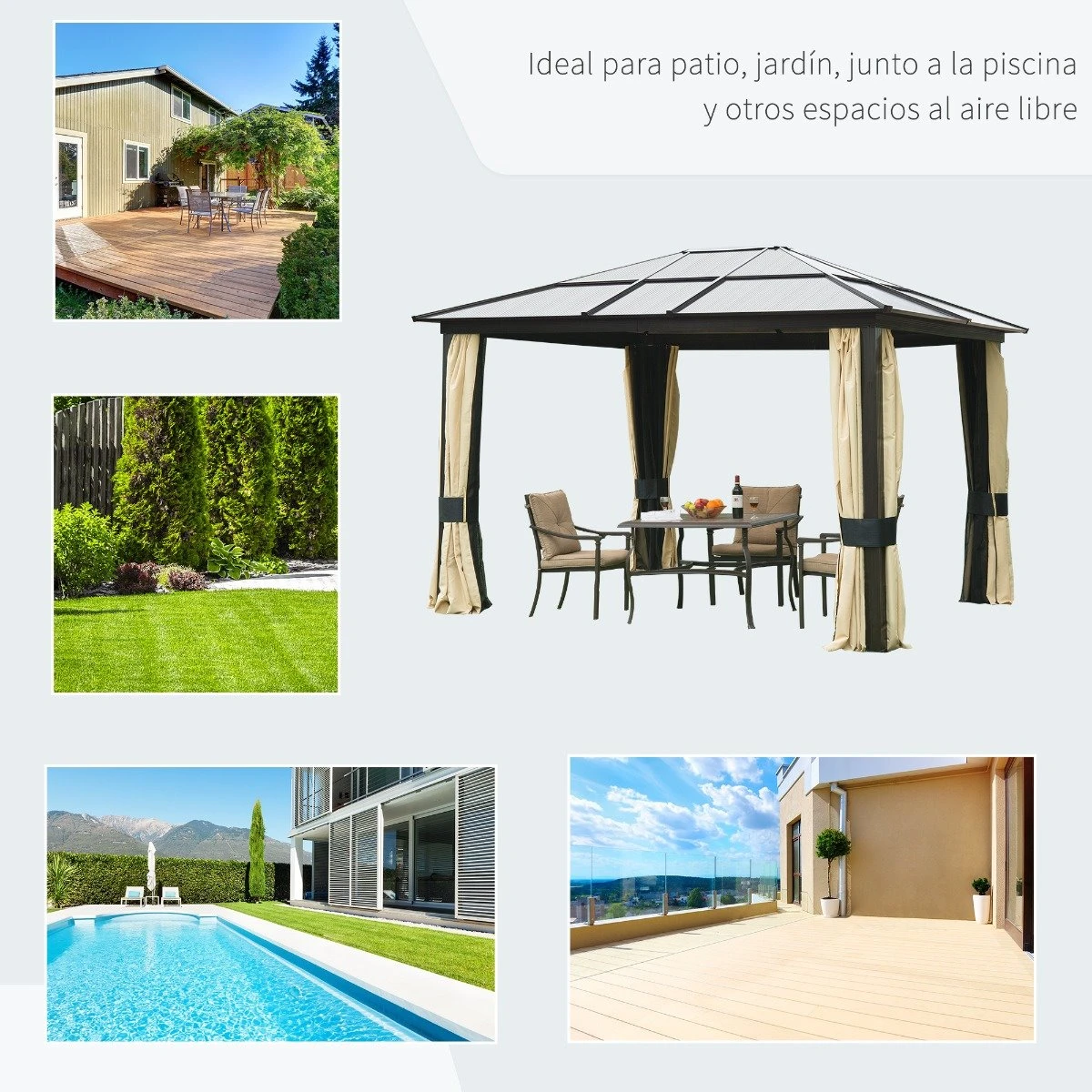 Outsunny Cenador Para Jardín 3x3.6 M Alumnio Pabellón Para Exterior Con Techo De Policarbonato Anti-UV Y 4 Mosquiteras Laterales Con Cremalleras Para Fiestas Eventos Beige 7 Outsunny Cenador Para Jardín 3x3.6 M Alumnio Pabellón Para Exterior Con Techo De Policarbonato Anti-UV Y 4 Mosquiteras Laterales Con Cremalleras Para Fiestas Eventos Beige - Imagen 7