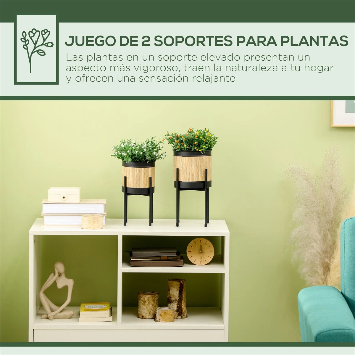 Outsunny Juego De 2 Soportes Para Plantas De Metal Cubierta De Totora Soportes Para Macetas Maceteros Redondos Para Salón Cocina Dormitorio Ø16x30 Cm Y Ø14x25,5 Cm Negro 4 Outsunny Juego De 2 Soportes Para Plantas De Metal Cubierta De Totora Soportes Para Macetas Maceteros Redondos Para Salón Cocina Dormitorio Ø16x30 Cm Y Ø14x25,5 Cm Negro - Imagen 4