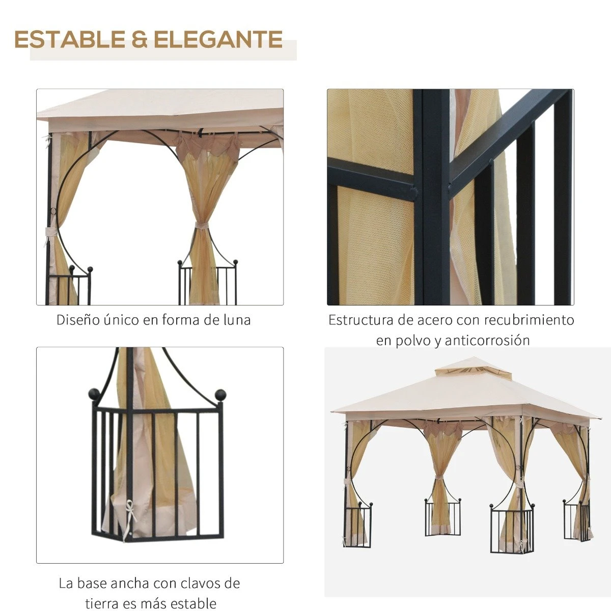 Outsunny Cenador De Jardín 3x3 M Con 4 Cortinas Laterales De Cremallera Y Doble Techo Con 8 Orificios De Drenaje Estilo Moderno Para Patio Aire Libre Beige 5 Outsunny Cenador De Jardín 3x3 M Con 4 Cortinas Laterales De Cremallera Y Doble Techo Con 8 Orificios De Drenaje Estilo Moderno Para Patio Aire Libre Beige - Imagen 5