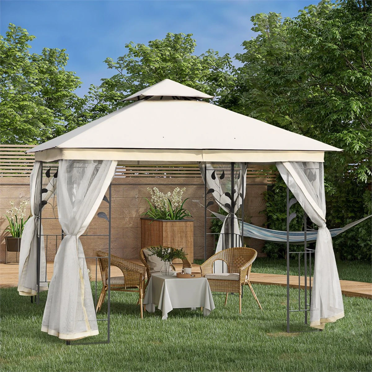 Outsunny Cenador De Jardín 300x300x280 Cm Carpas Para Exterior Grandes Doble Techo Con Mosquitera Y Piquetas Para El Suelo Fácil De Drenar Poliéster Acero Blanco 2 Outsunny Cenador De Jardín 300x300x280 Cm Carpas Para Exterior Grandes Doble Techo Con Mosquitera Y Piquetas Para El Suelo Fácil De Drenar Poliéster Acero Blanco - Imagen 2