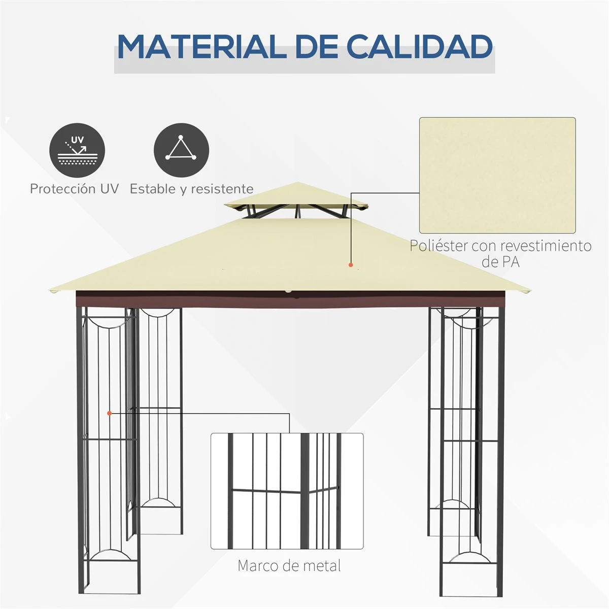 Outsunny Cenador De Jardín 3x3 M Pabellón Para Exterior Con Doble Techo De Ventilación Y Marco De Acero Protección Solar Para Fiestas Eventos Patio Al Aire Libre Beige 5 Outsunny Cenador De Jardín 3x3 M Pabellón Para Exterior Con Doble Techo De Ventilación Y Marco De Acero Protección Solar Para Fiestas Eventos Patio Al Aire Libre Beige - Imagen 5