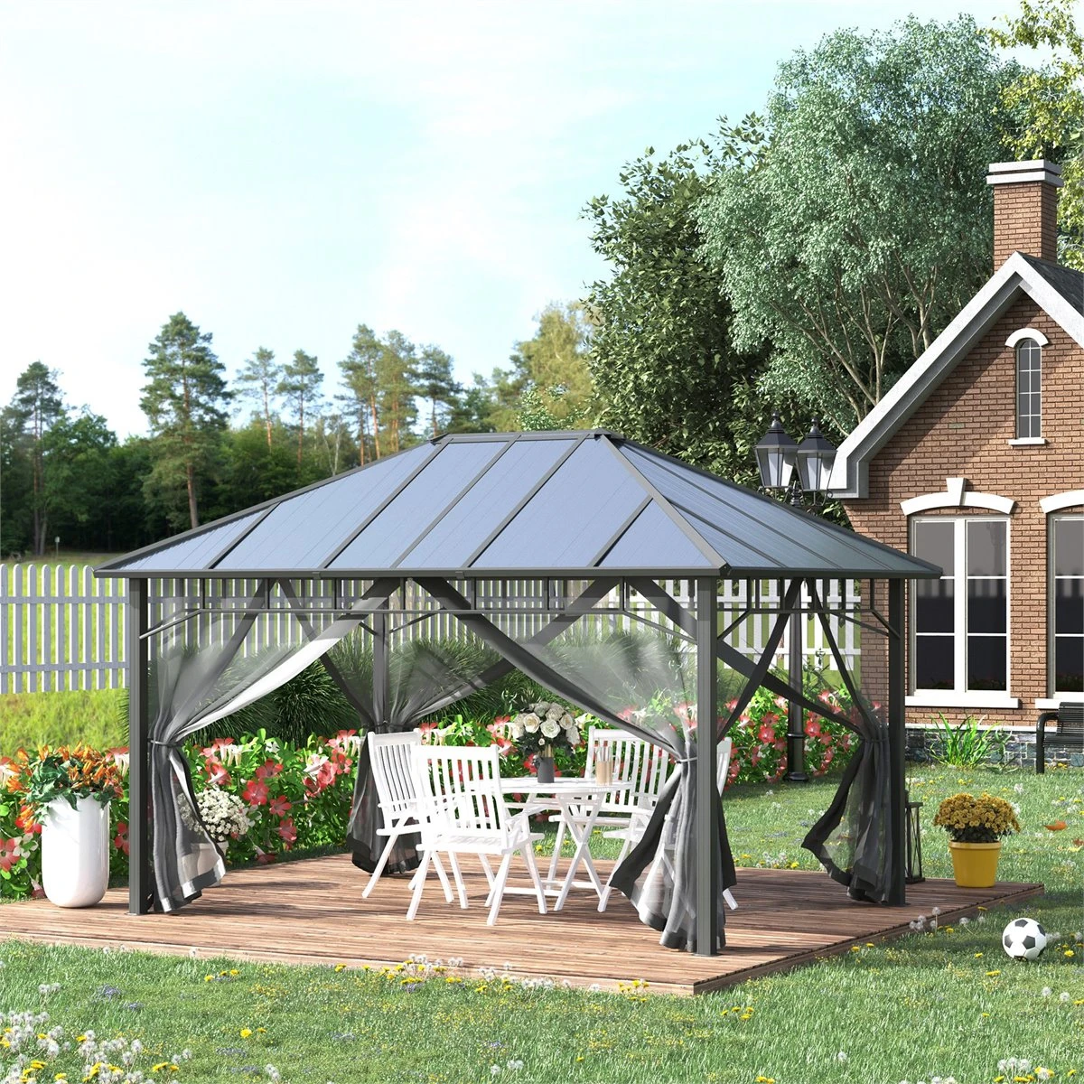 Outsunny Cenador De Jardín 4x3 M Aluminio Pabellón Para Exterior Con Techo De Policarbonato Y 4 Mosquiteras Laterales Con Cremalleras Para Fiestas Eventos Gris 2 Outsunny Cenador De Jardín 4x3 M Aluminio Pabellón Para Exterior Con Techo De Policarbonato Y 4 Mosquiteras Laterales Con Cremalleras Para Fiestas Eventos Gris - Imagen 2