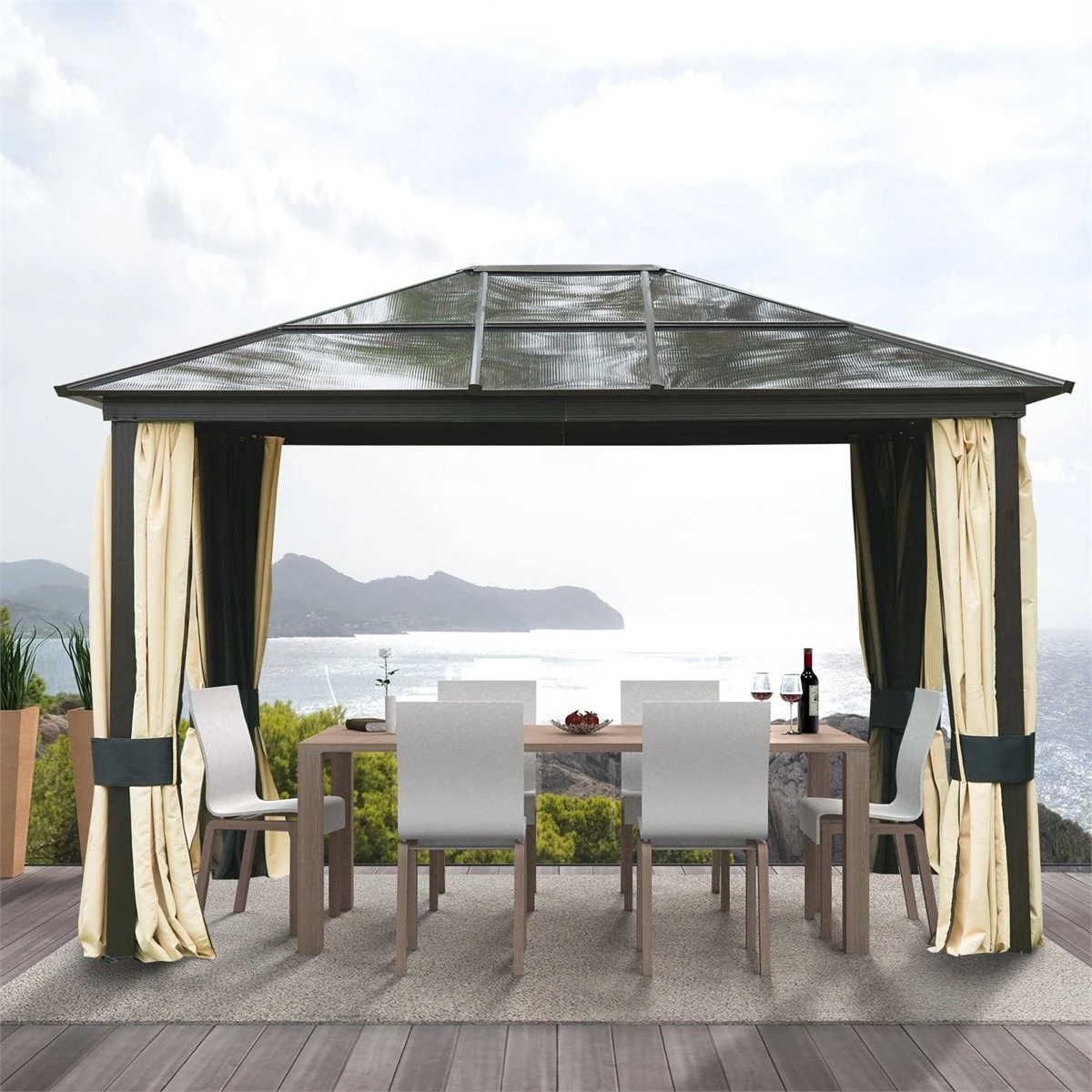 Outsunny Cenador Para Jardín 3x3.6 M Alumnio Pabellón Para Exterior Con Techo De Policarbonato Anti-UV Y 4 Mosquiteras Laterales Con Cremalleras Para Fiestas Eventos Beige 2 Outsunny Cenador Para Jardín 3x3.6 M Alumnio Pabellón Para Exterior Con Techo De Policarbonato Anti-UV Y 4 Mosquiteras Laterales Con Cremalleras Para Fiestas Eventos Beige - Imagen 2